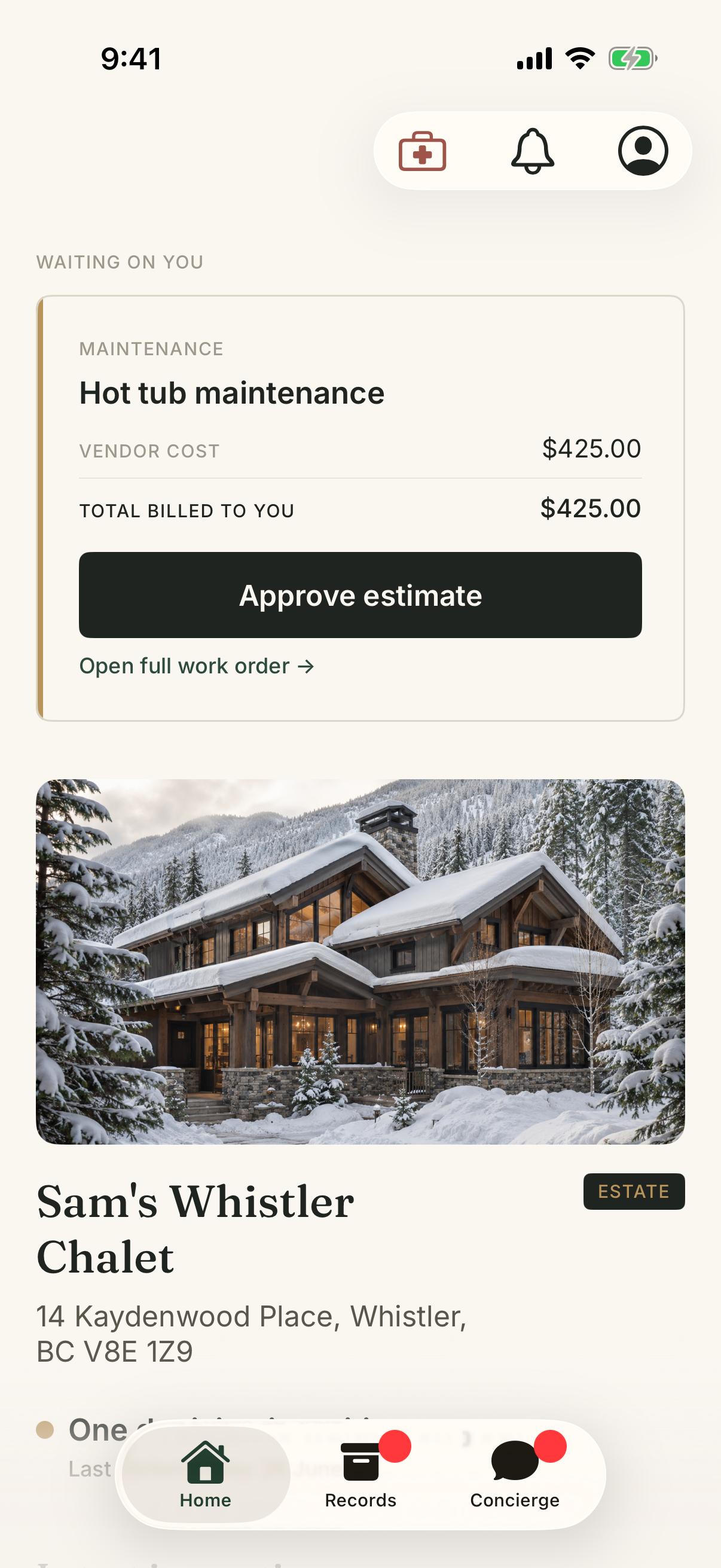 Owner app home screen